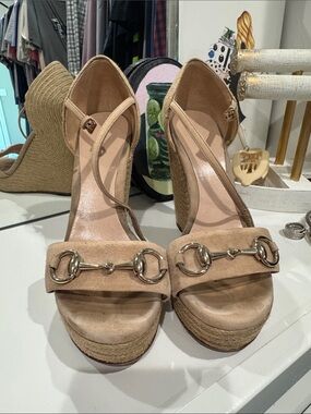 Gucci Tan Suede Wedge Sandals with Gold Horsebit